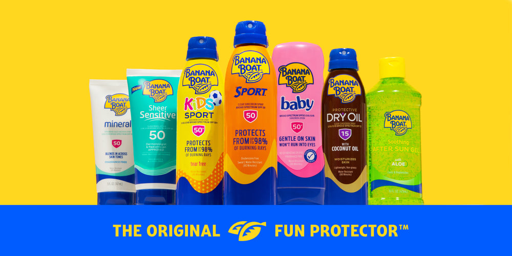 Banana Boat sunscreen and after-sun products against a yellow background