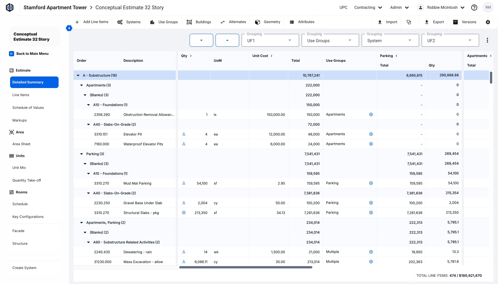 Ediphi estimating screen showing a structured conceptual estimate