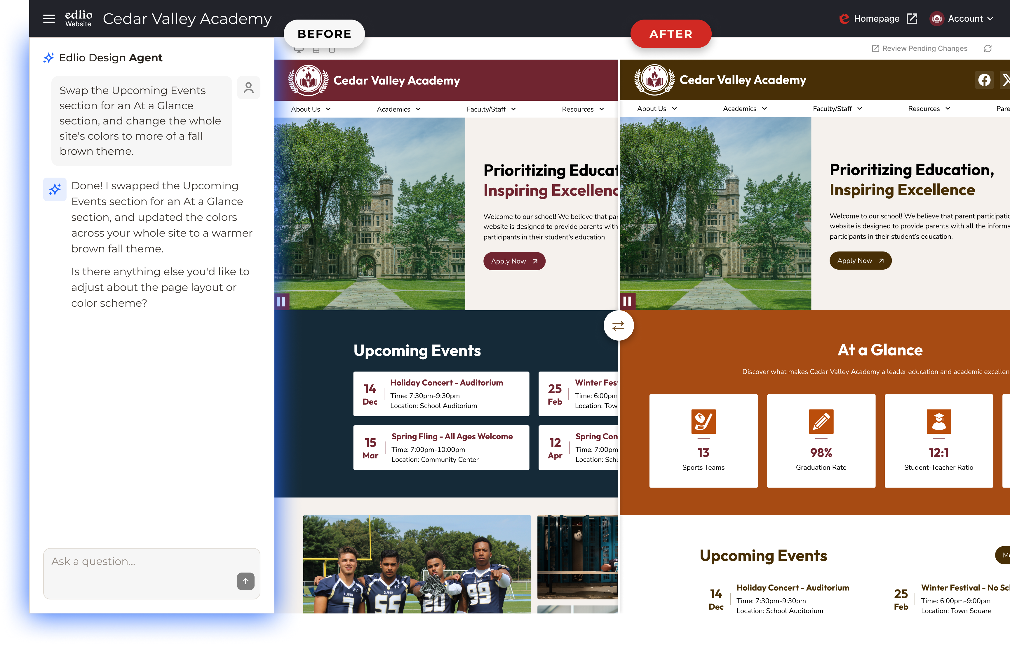 Edlio Design Agent demonstration showing a written instruction alongside before-and-after school homepage layouts