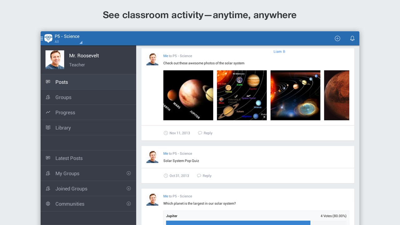 Historical Edmodo class feed showing a science teacher's post, quiz, poll and class navigation