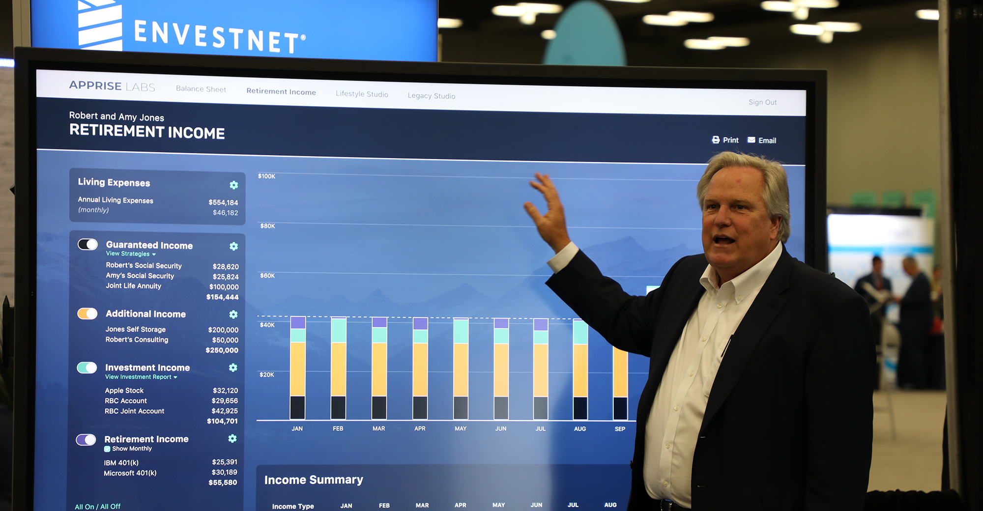 Edmond Walters demonstrating Apprise Labs retirement-income software on a large screen at an Envestnet event
