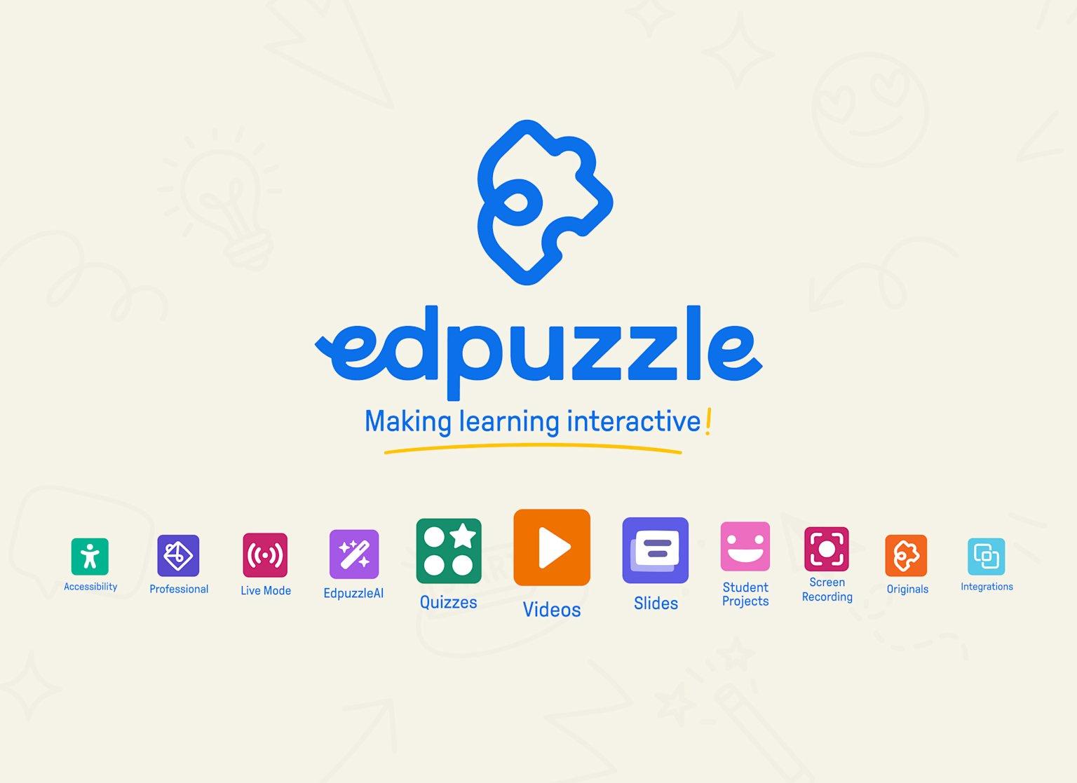 Edpuzzle’s official illustration showing video, quiz, slide and student project activity formats