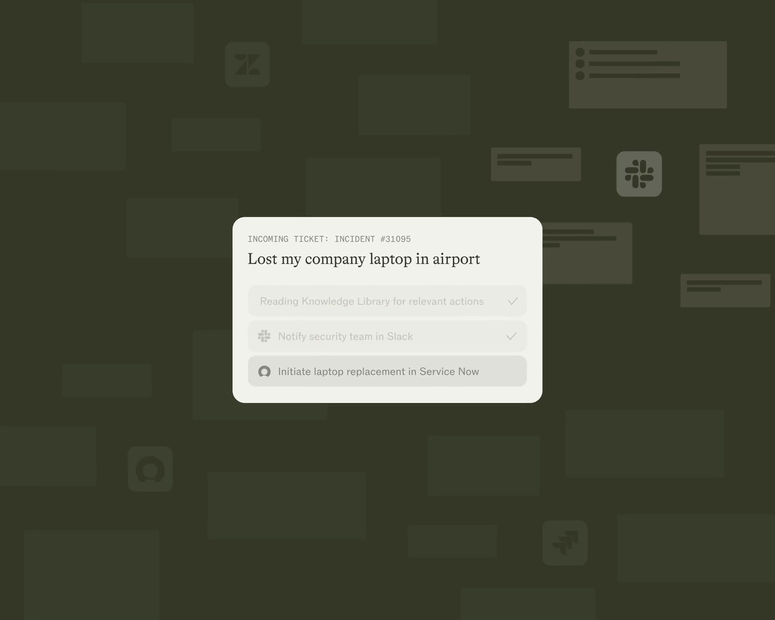 Edra product scene showing a lost company laptop ticket and proposed actions in Slack and ServiceNow