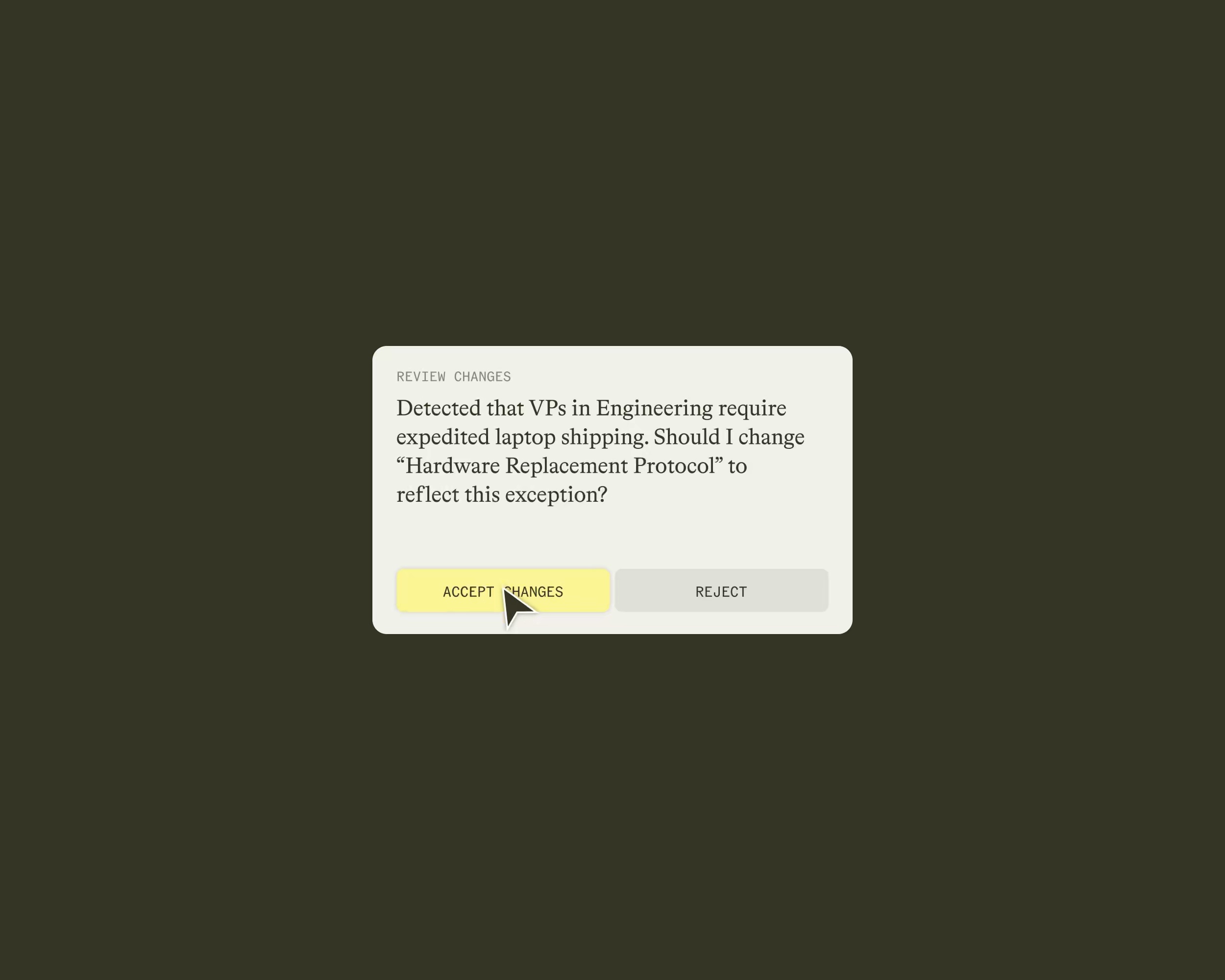 Edra interface asking a user to approve a newly detected exception to a hardware replacement rule
