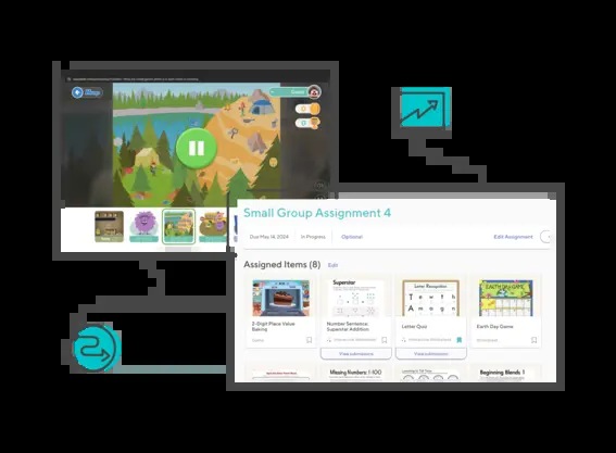 Education.com product illustration showing a learning game and digital assignment interface
