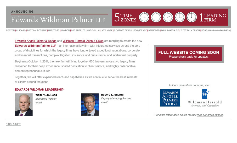 Archived 2011 merger launch page featuring five clocks and portraits of Walter G.D. Reed and Robert L. Shuftan