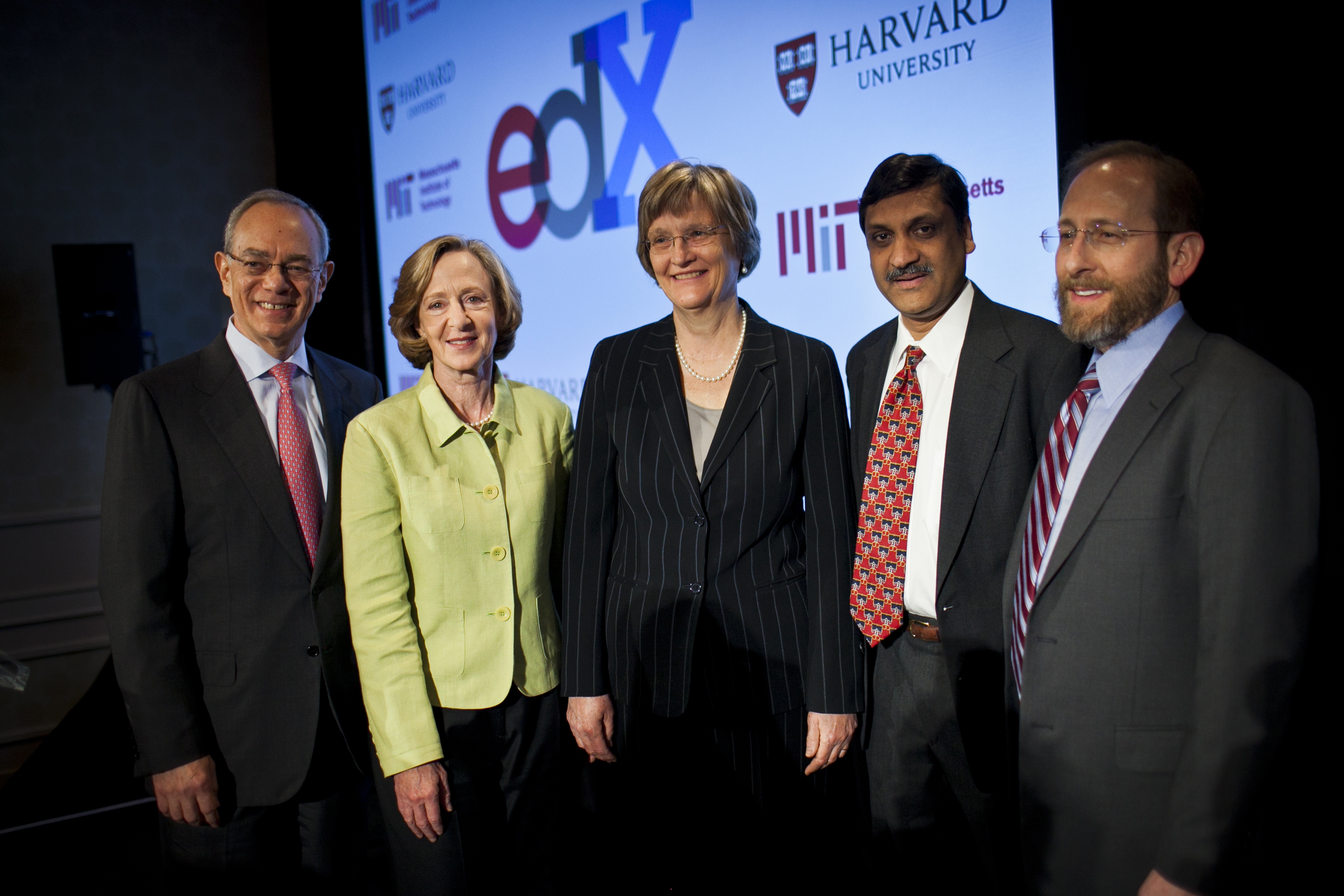 Rafael Reif, Susan Hockfield, Drew Faust, Anant Agarwal and Alan Garber at the edX announcement in May 2012