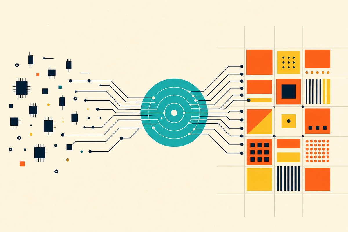 Abstract Swiss-style illustration showing scattered electronic components connected through a data node into an ordered system