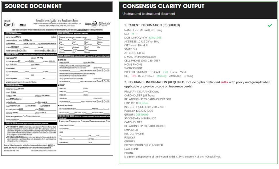 Historical Clarity product illustration showing unstructured document inputs and structured information outputs