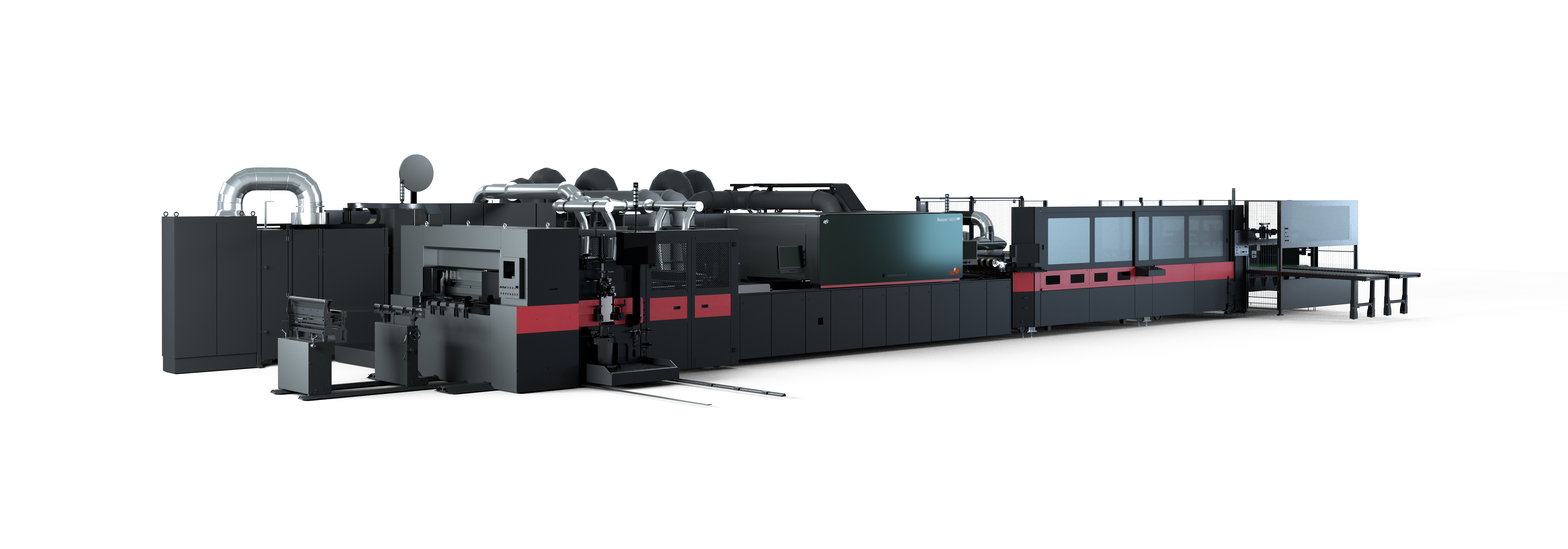 EFI Nozomi 14000 LED industrial press with feeding and stacking equipment