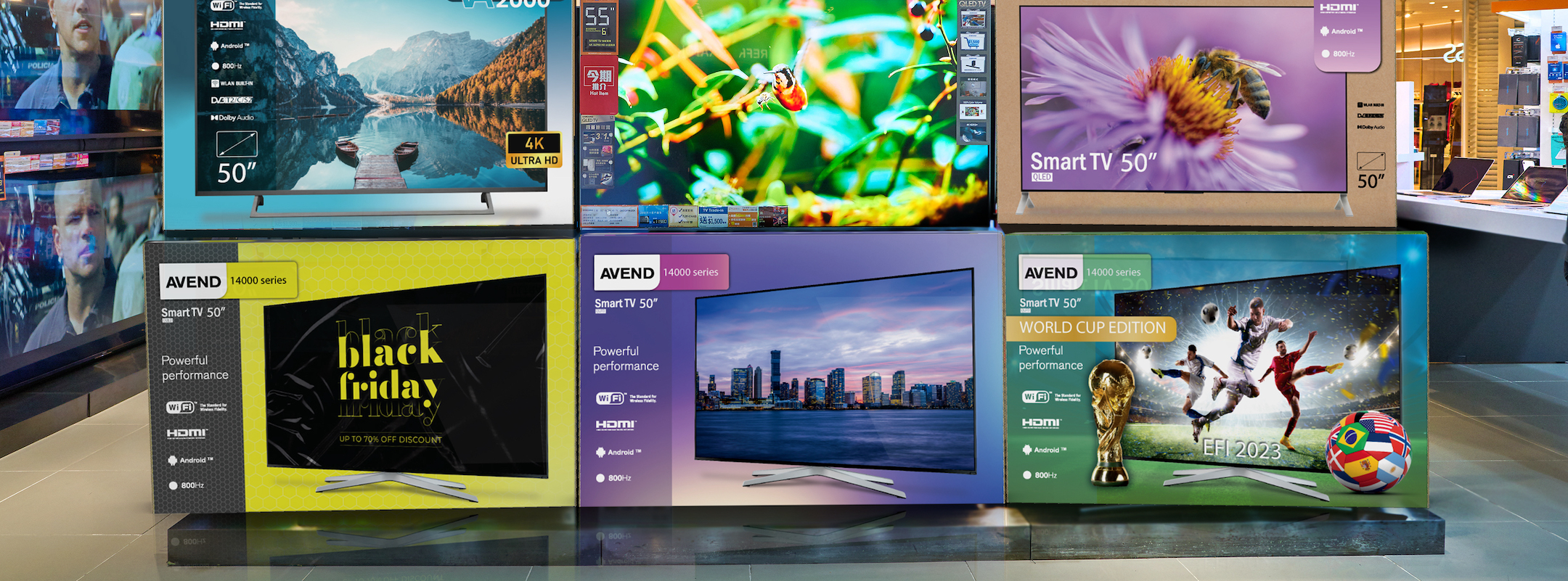 Colorful television packaging displayed in a retail setting