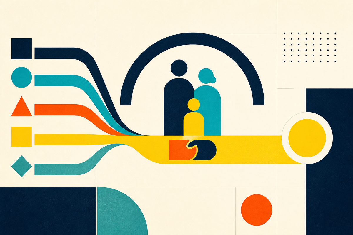 Abstract Swiss-style illustration of policy choices converging toward a protected family and a human handoff