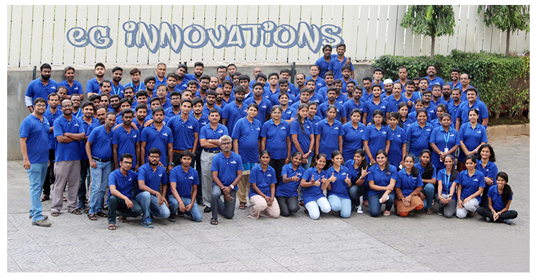 An archival team photograph from eG Innovations’ 2021 employee career account