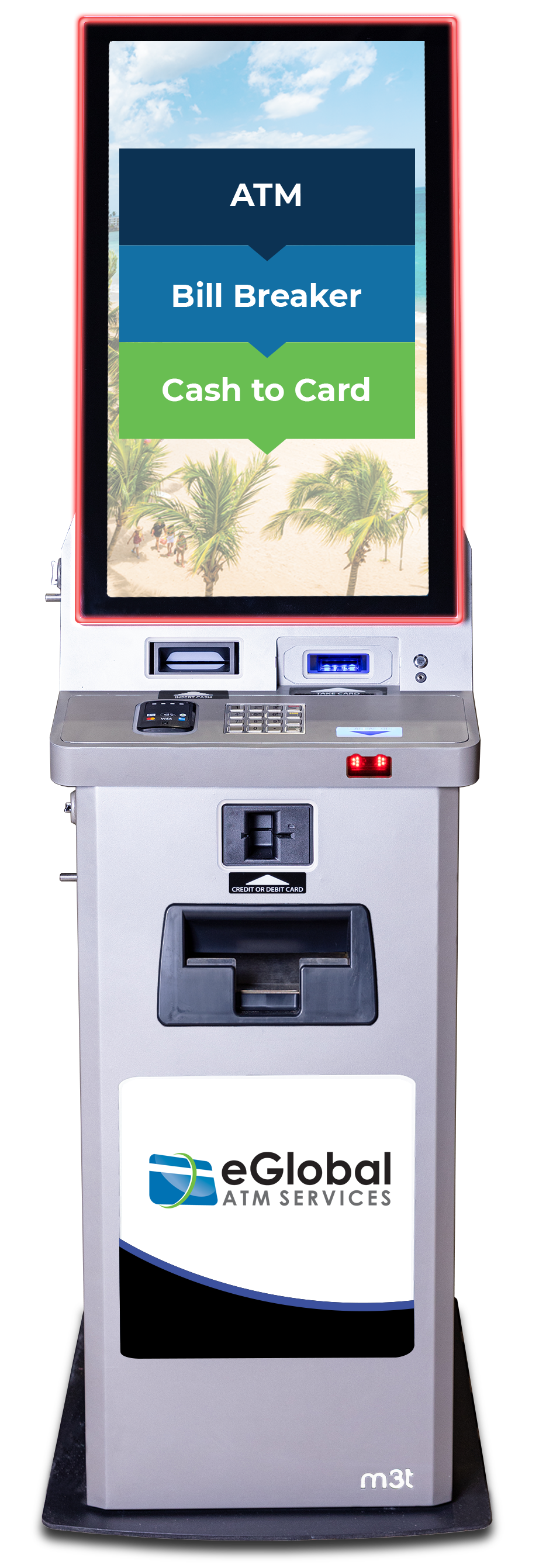 eGlobal ATM+ kiosk with ATM, Bill Breaker and Cash to Card options on its screen
