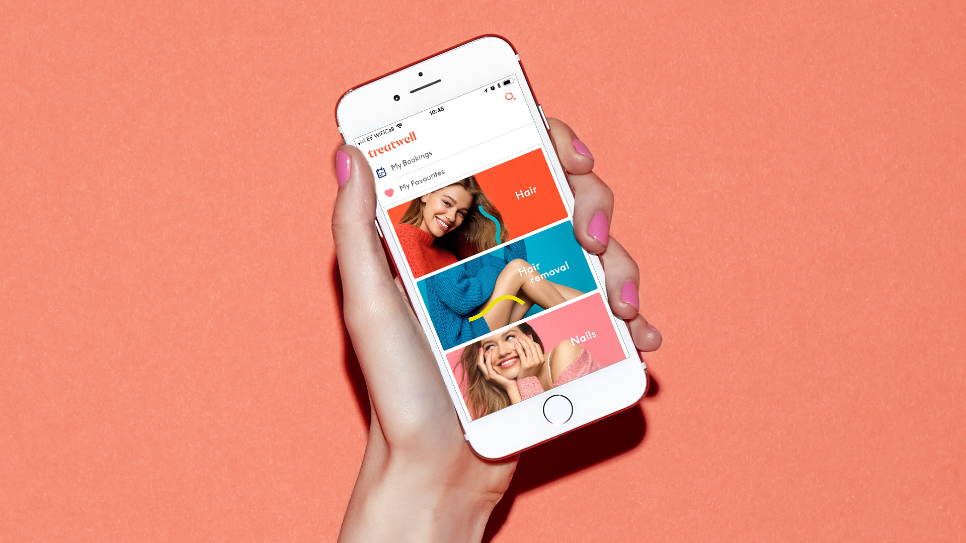 Treatwell’s booking app displayed on a phone against a coral background