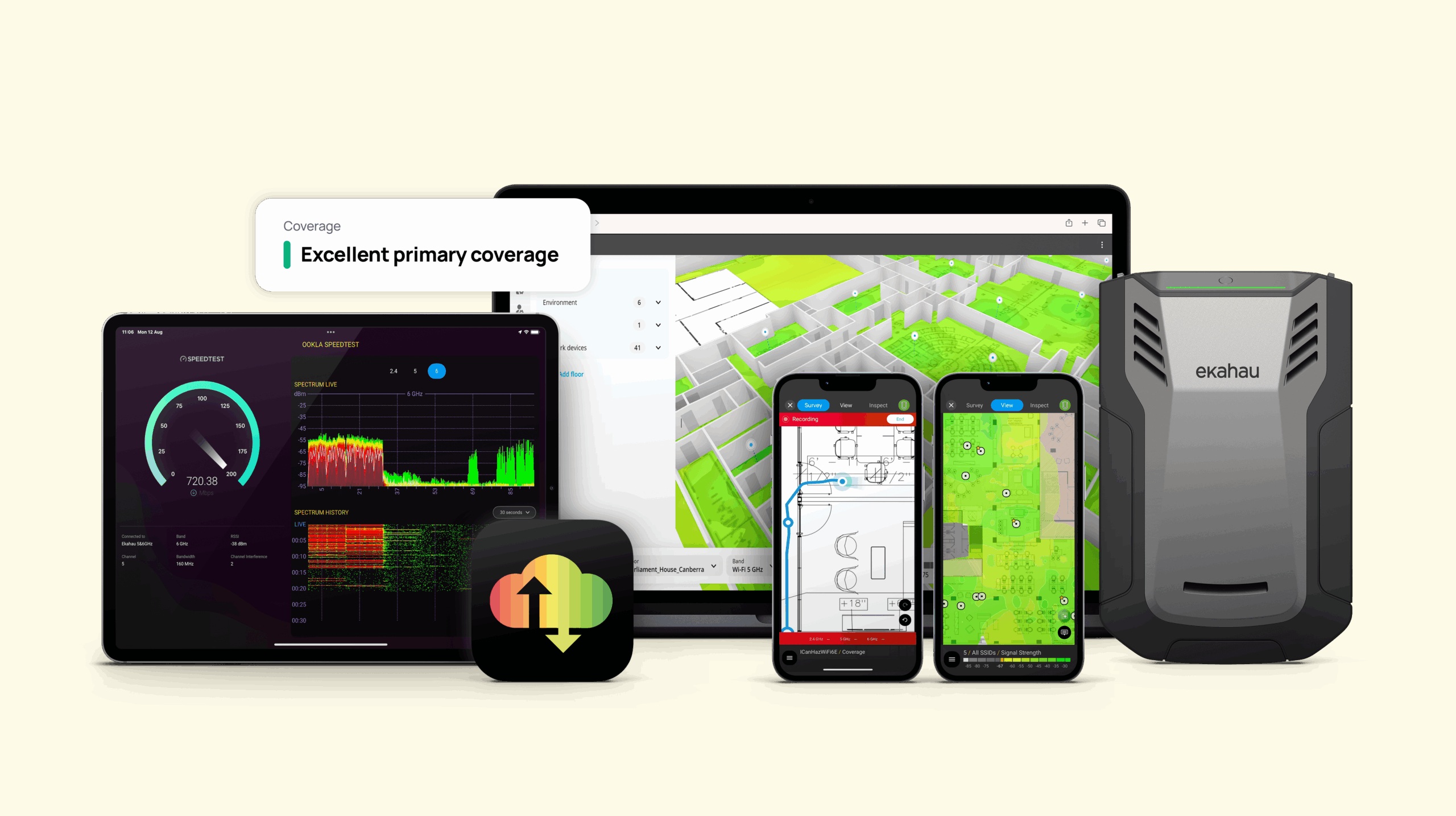Ekahau product family showing wireless design software, survey and analyzer apps, and Sidekick 2 measurement hardware