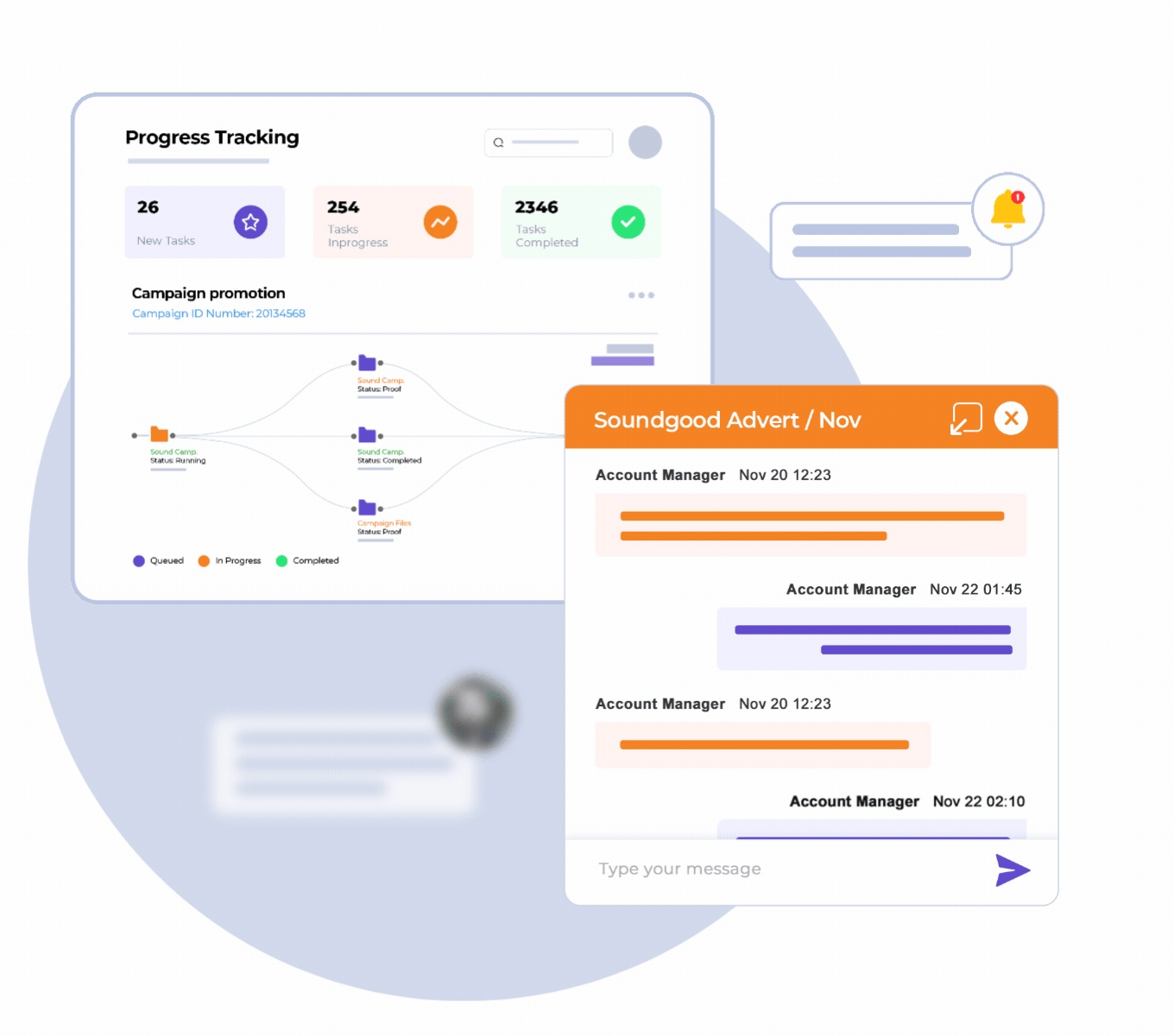 Mediaferry promotional illustration of progress tracking and creative workflow messages