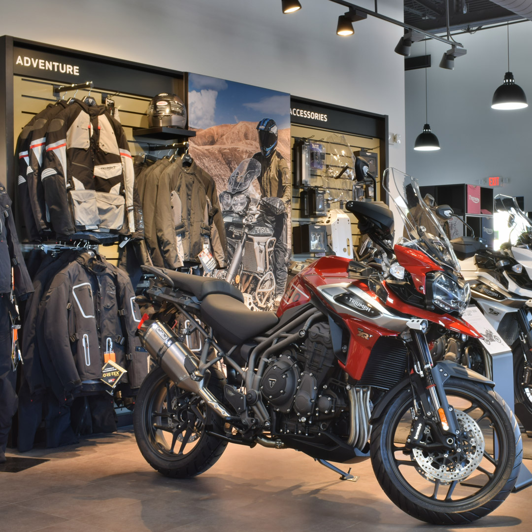 Motorcycles, apparel and displays inside Triumph Cleveland