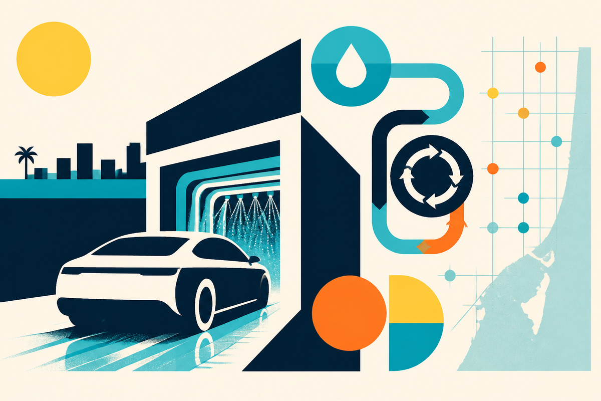 Abstract Swiss-style illustration of a car entering a wash tunnel, with water-reclamation loops and a network grid