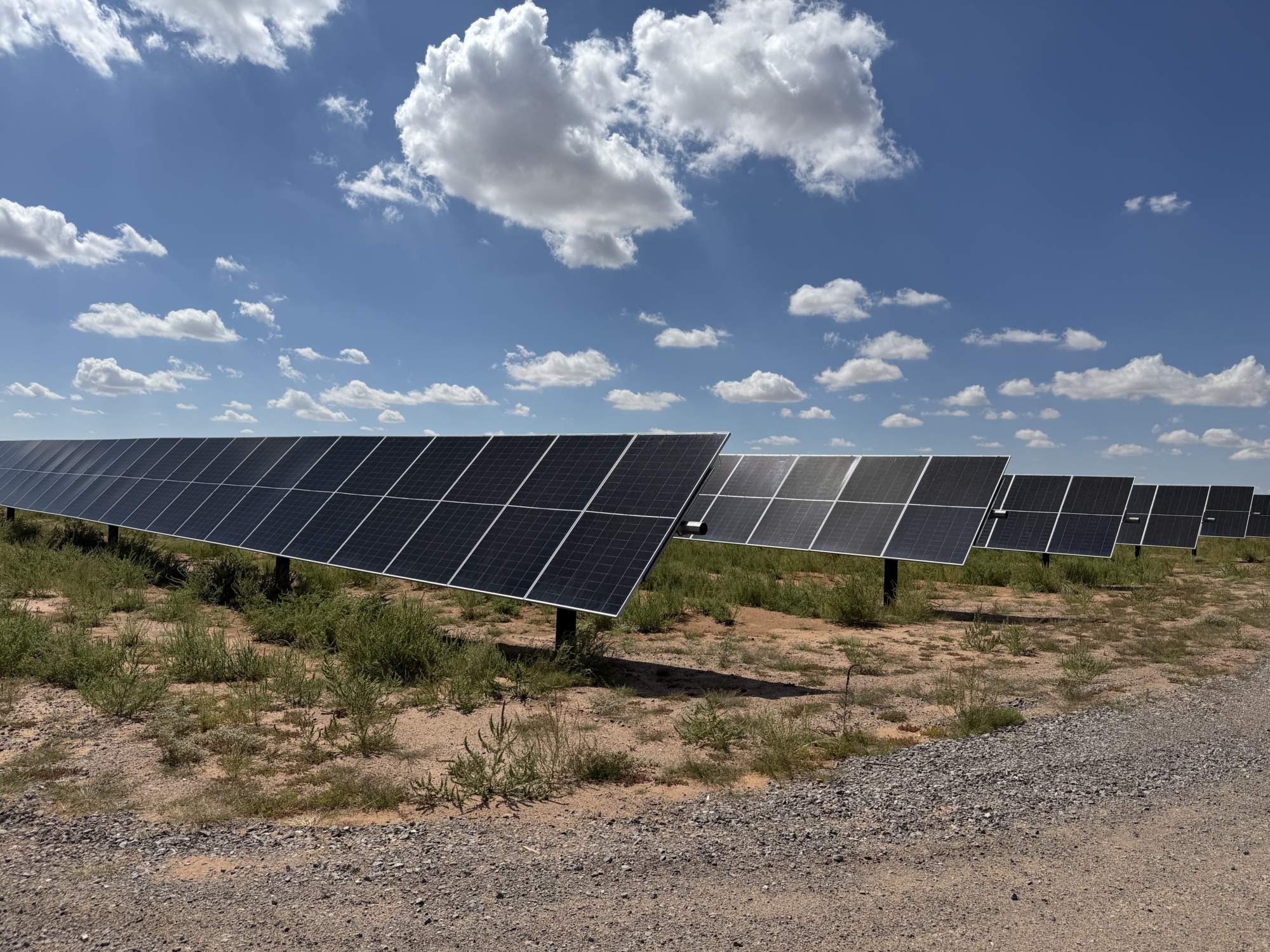 Rows of solar panels at the Milagro project beneath a blue sky and scattered clouds