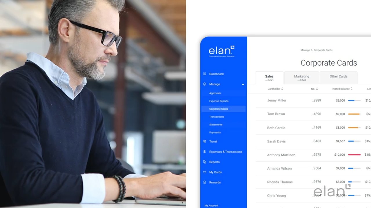 Official Commercial Rewards Card demonstration showing a user beside the corporate card management interface