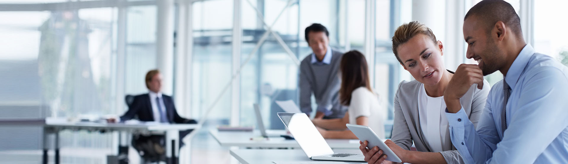Colleagues gathered around a digital tablet in Elan’s website marketing photograph