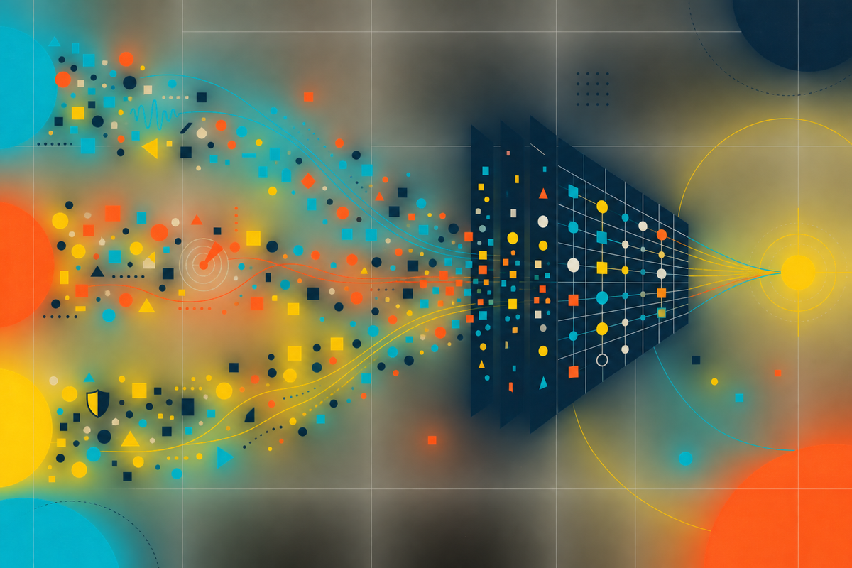 Abstract geometric streams of data resolving through a navy index into a precise yellow point