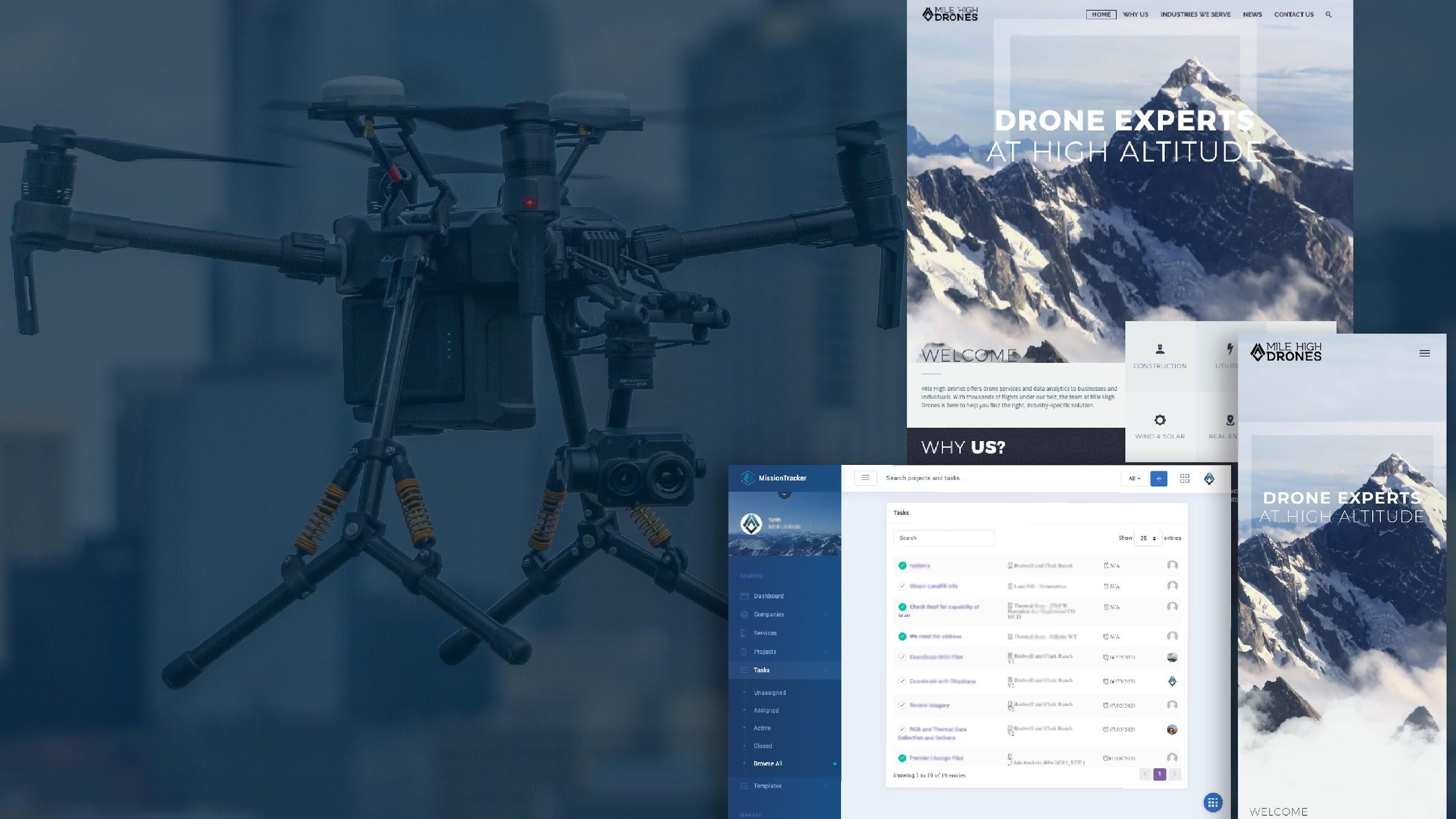 Historical Elasticis case-study montage showing Mile High Drones branding and a software interface