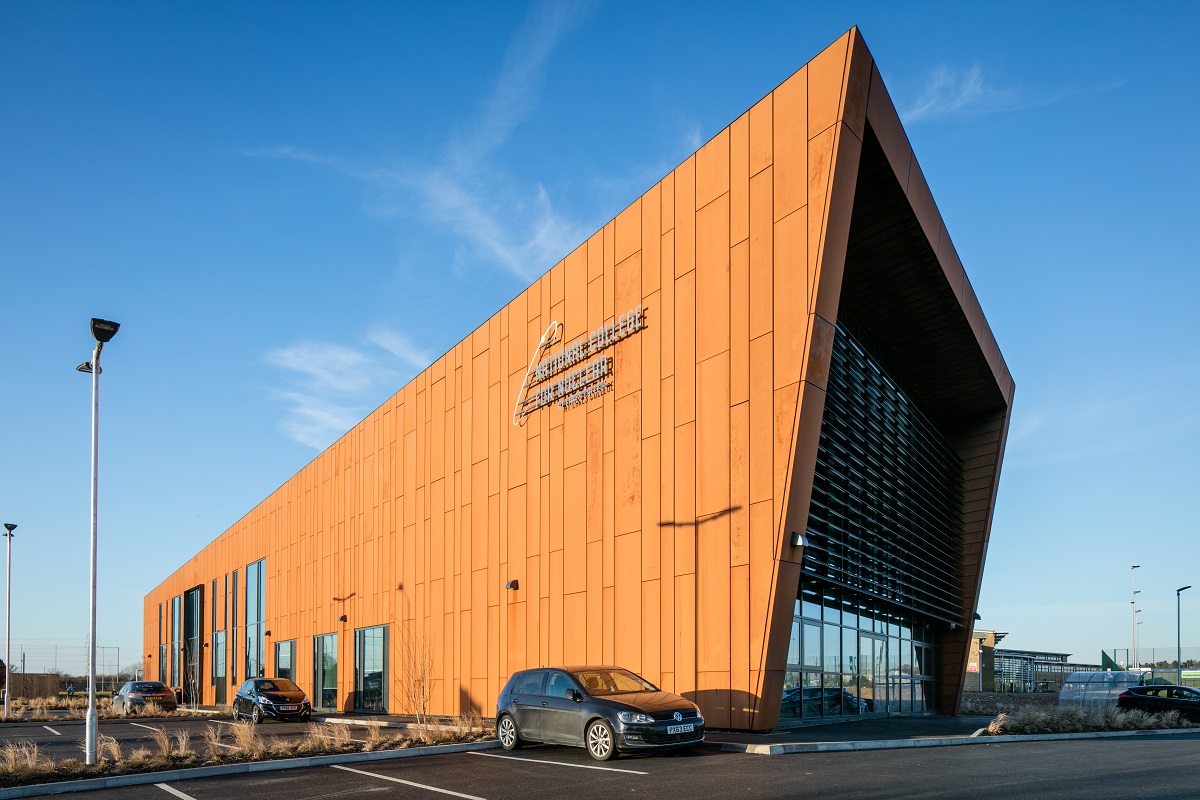 Angular orange exterior of the National College for Nuclear in West Cumbria