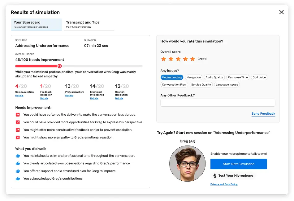 Electives sample simulation scorecard for an underperformance conversation, with feedback and a try-again option