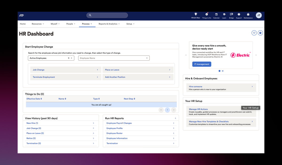 Electric product screenshot showing payroll partners and the IT management interface