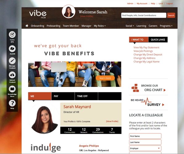 Historical Vibe HCM interface showing a personalized employee landing page