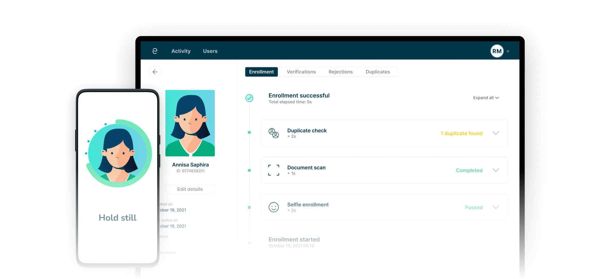 Element eKYC illustration showing selfie enrollment and a dashboard with document and duplicate checks