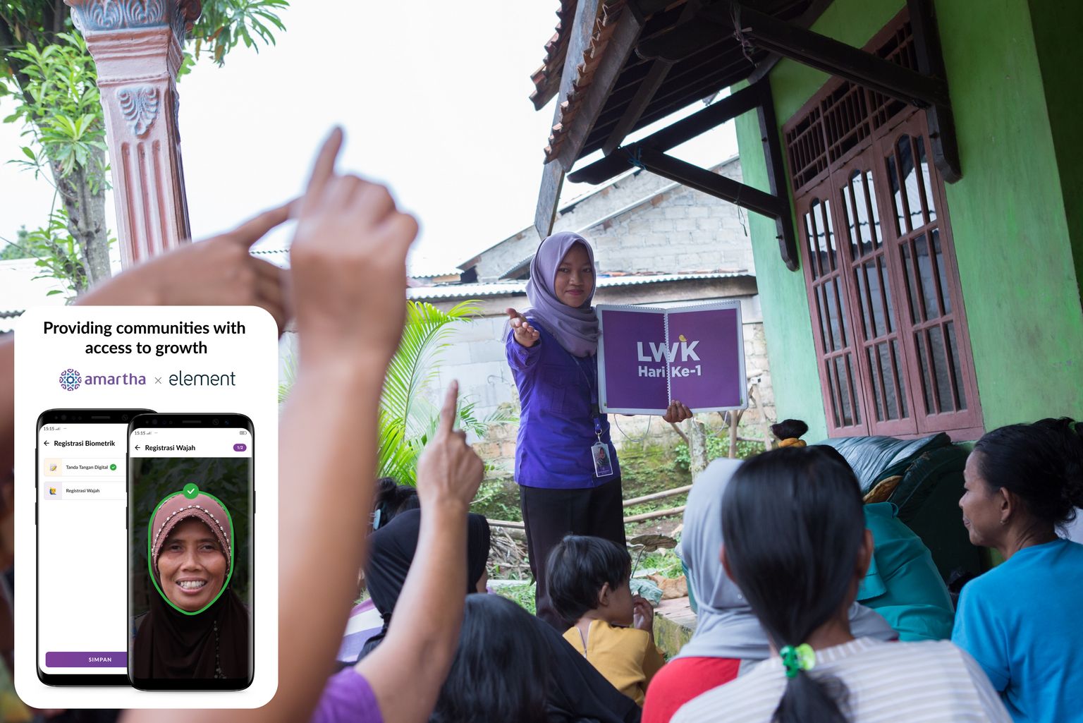 Amartha community meeting, with an inset showing biometric registration screens