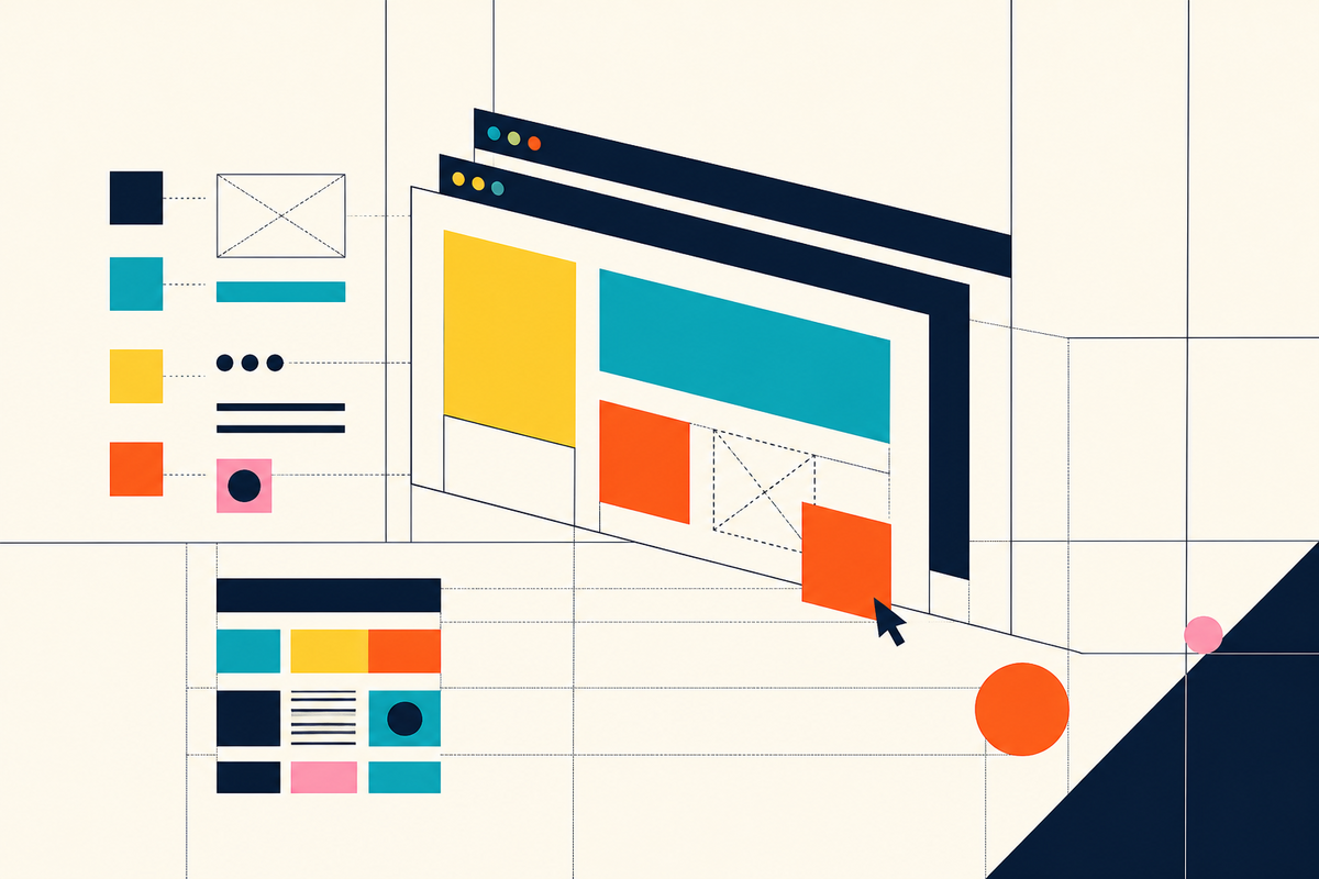 Abstract Swiss-style arrangement of modular browser windows, design blocks and a cursor