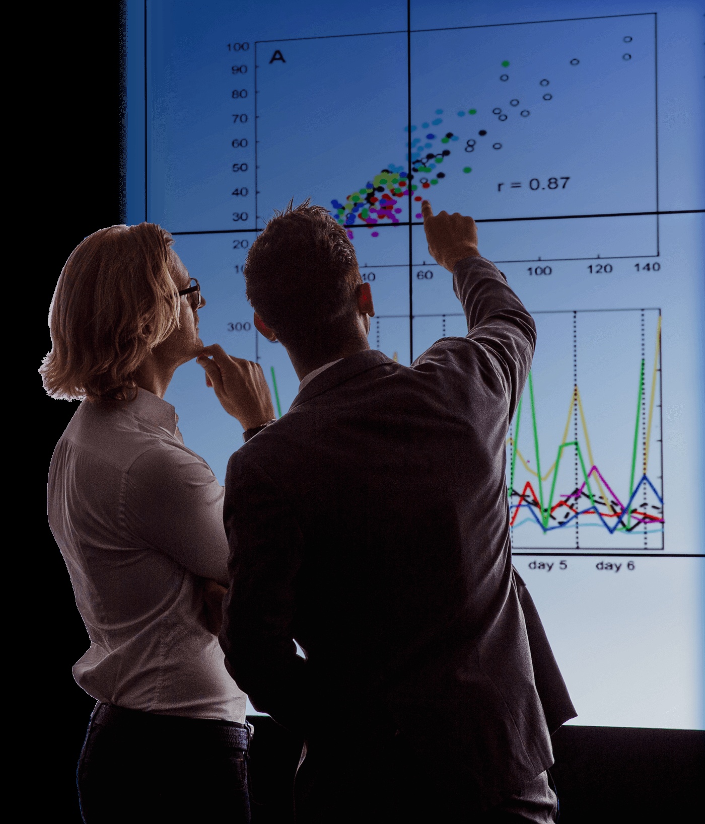 Two people studying charts on a large display in Elemica’s website promotional photograph