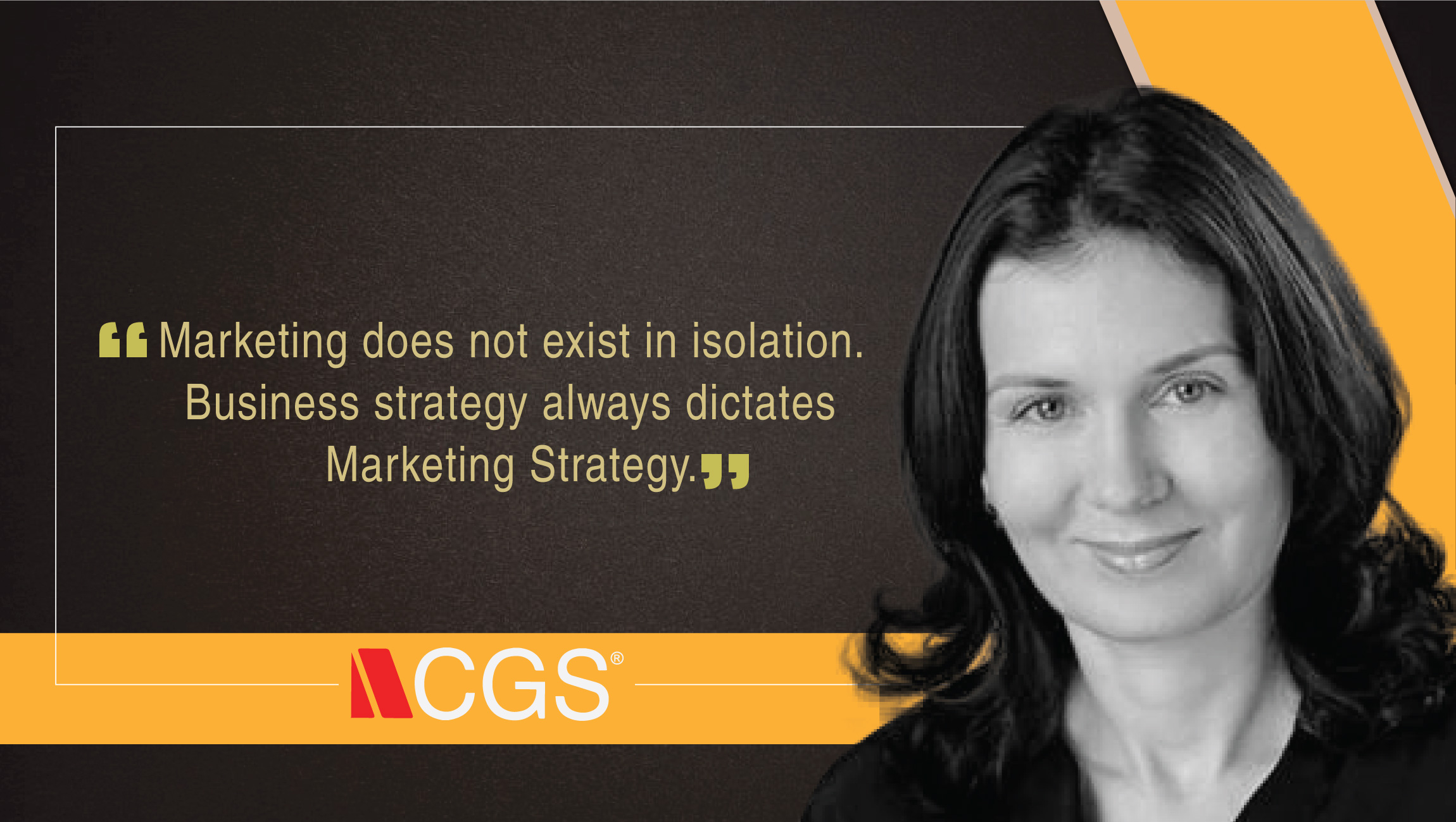 An editorial portrait of Elena Filimonova beside her statement that marketing follows business strategy
