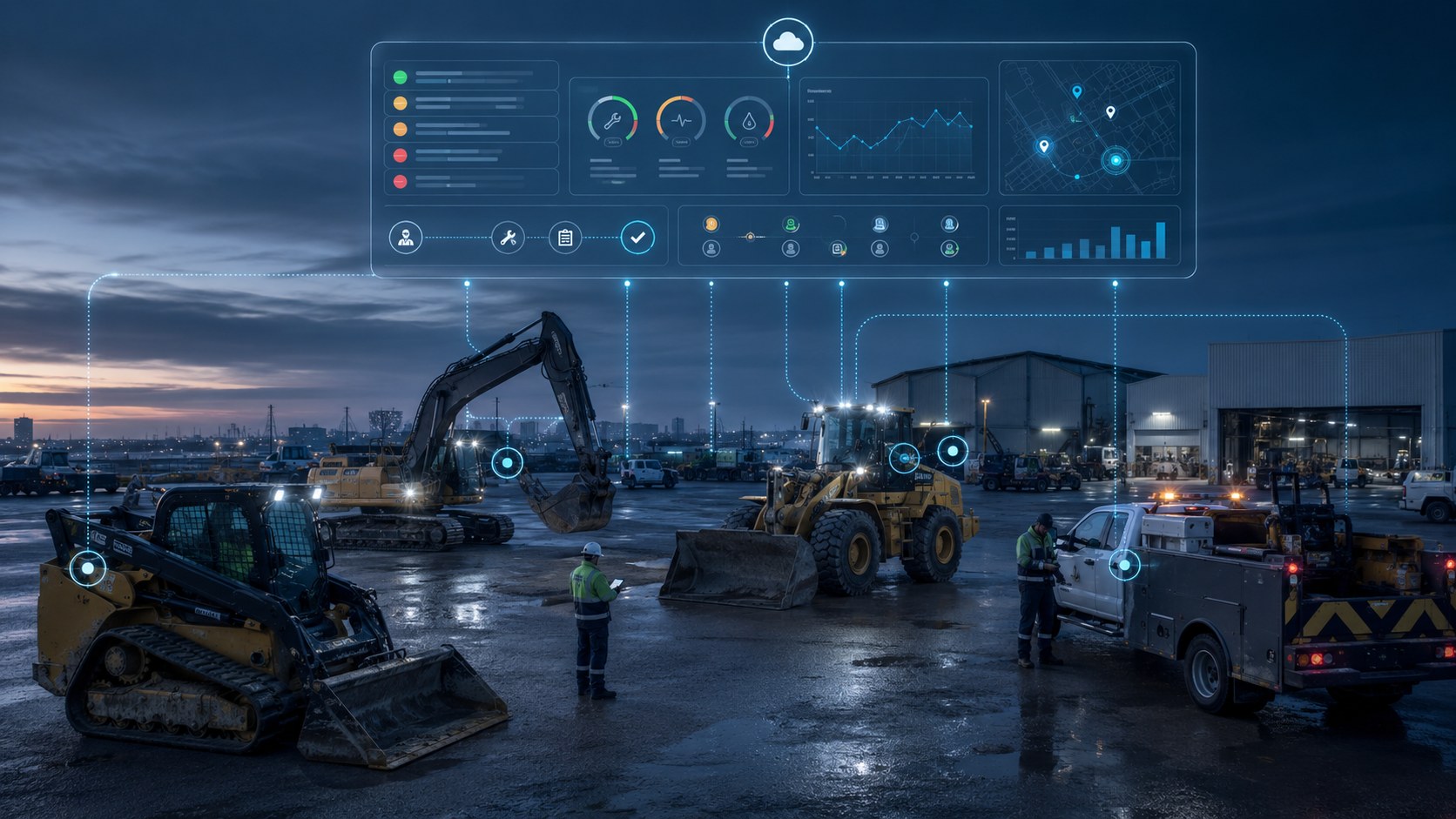 Elevāt Machine Connect dashboard showing connected off-highway equipment in a yard