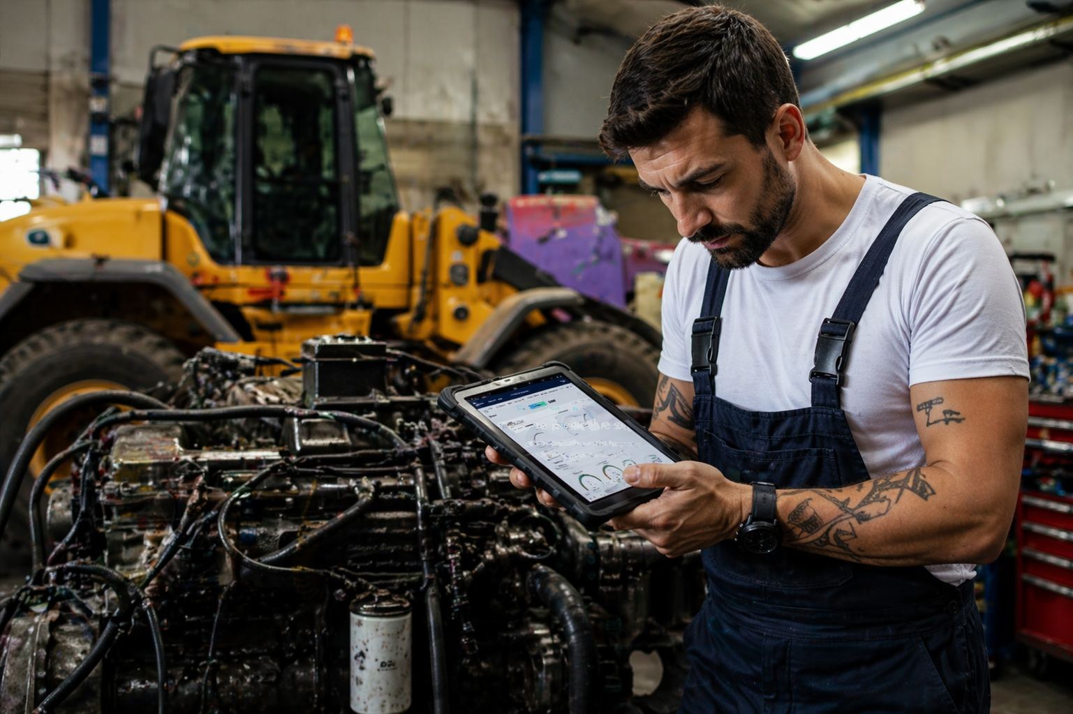 A field technician using a tablet to run Elevāt diagnostics on industrial equipment