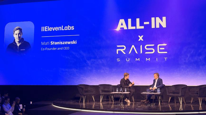 Mati Staniszewski, co-founder and CEO of ElevenLabs, on stage at the RAISE Summit
