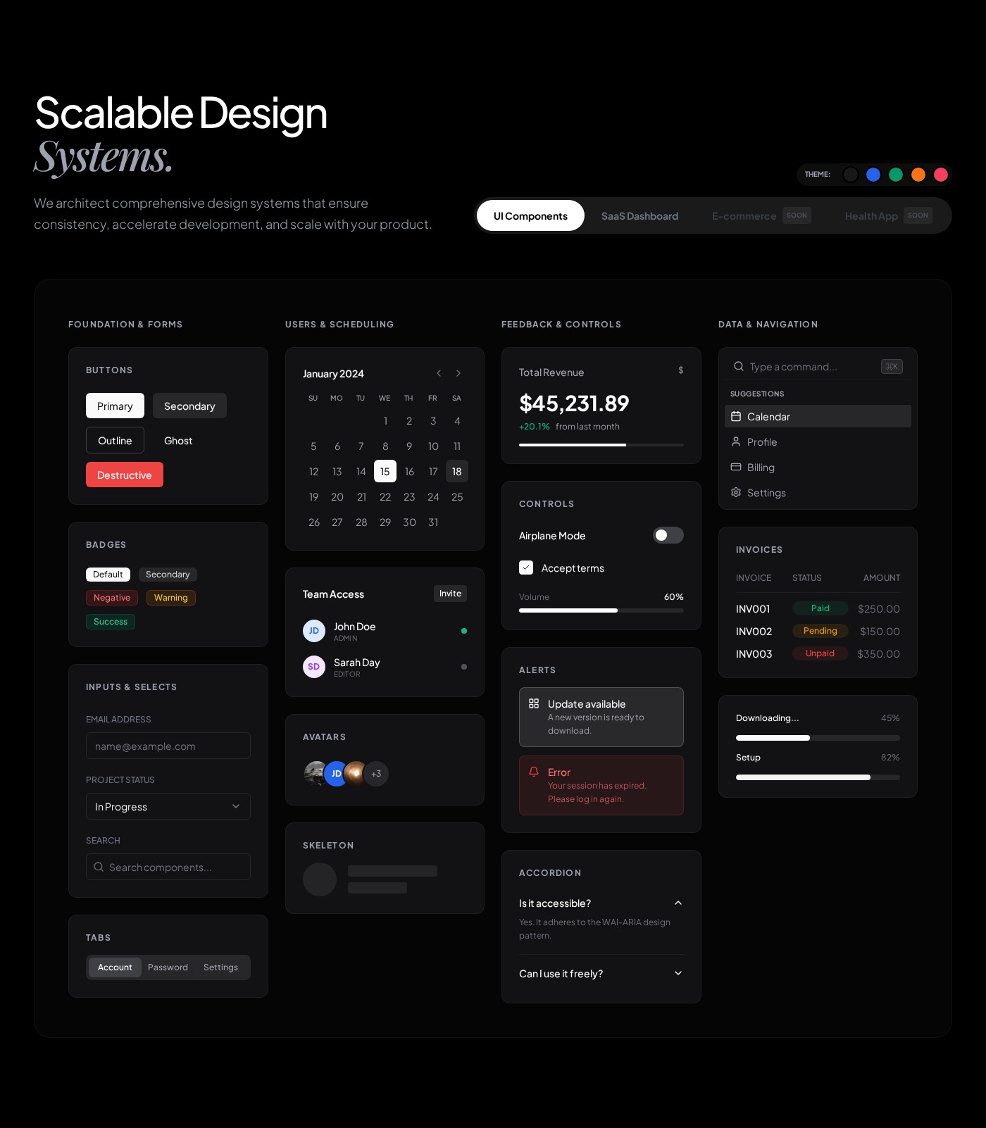 Elever’s website demonstration of buttons, forms, scheduling, feedback and navigation components