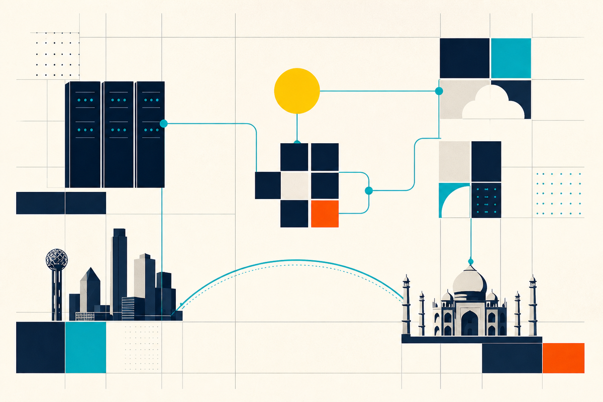 Abstract Swiss-style illustration of servers, modular software blocks, cloud systems and a connection between Dallas and India