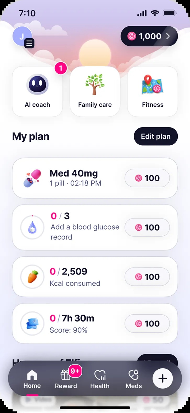 Elfie app screen showing medication, glucose, nutrition and sleep tasks with coin rewards
