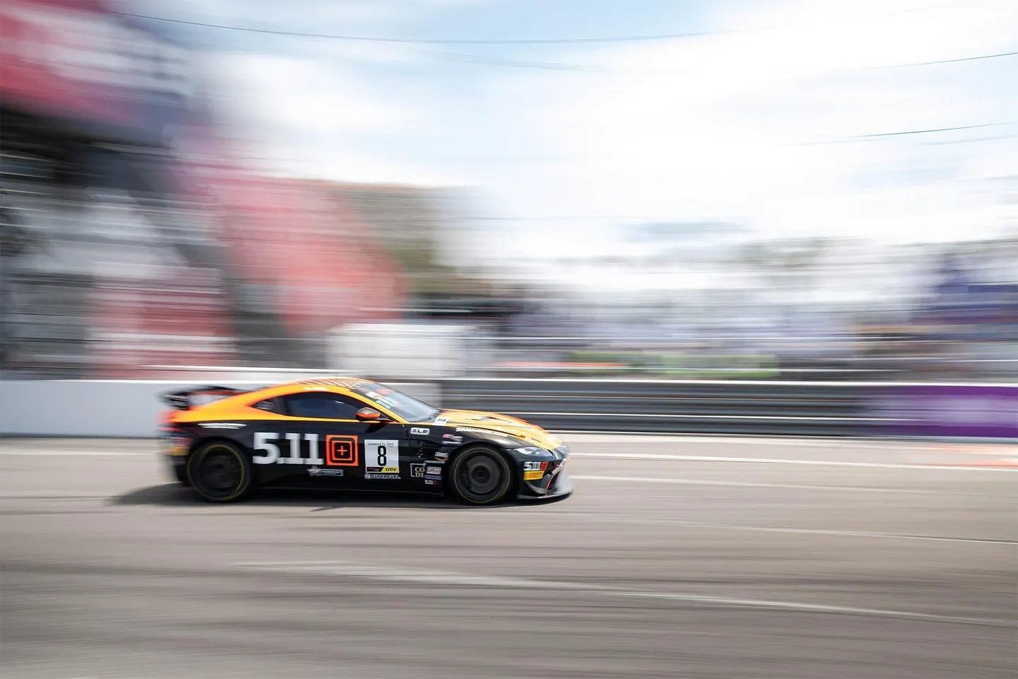 Elias Sabo's number 8 race car, carrying 5.11 branding, on a practice run in 2024