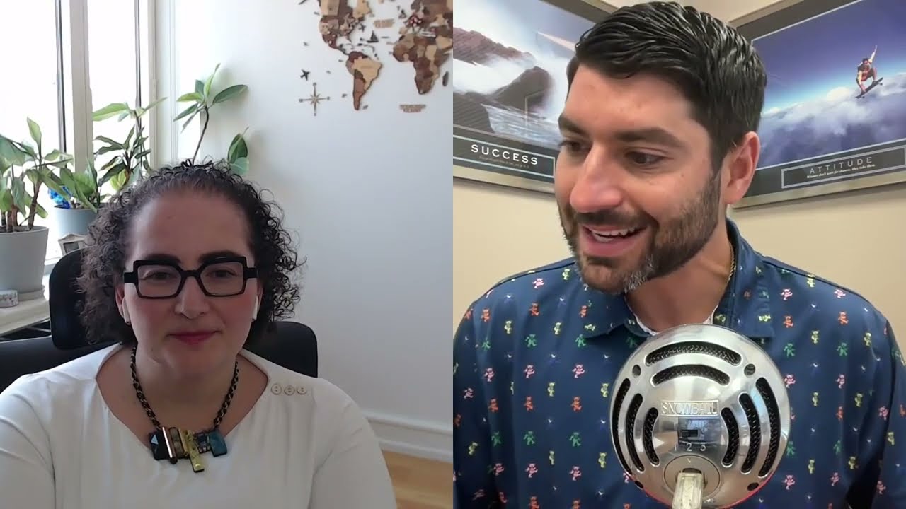 Elina Onitskansky, left, speaking remotely with podcast host Norm Volsky, right