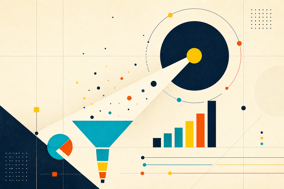 Abstract Swiss-style composition showing signals moving through a funnel toward rising bars