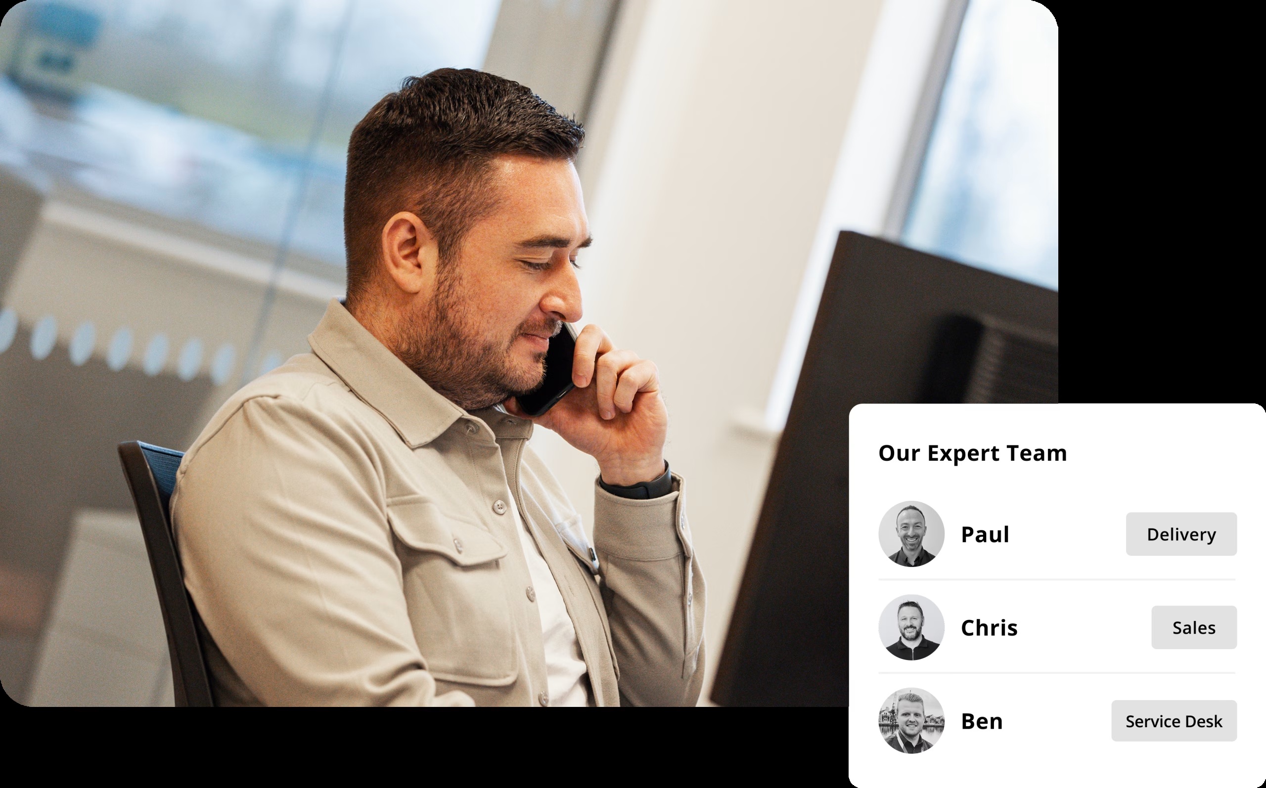 Elite Group support-team promotional image showing a colleague taking a phone call