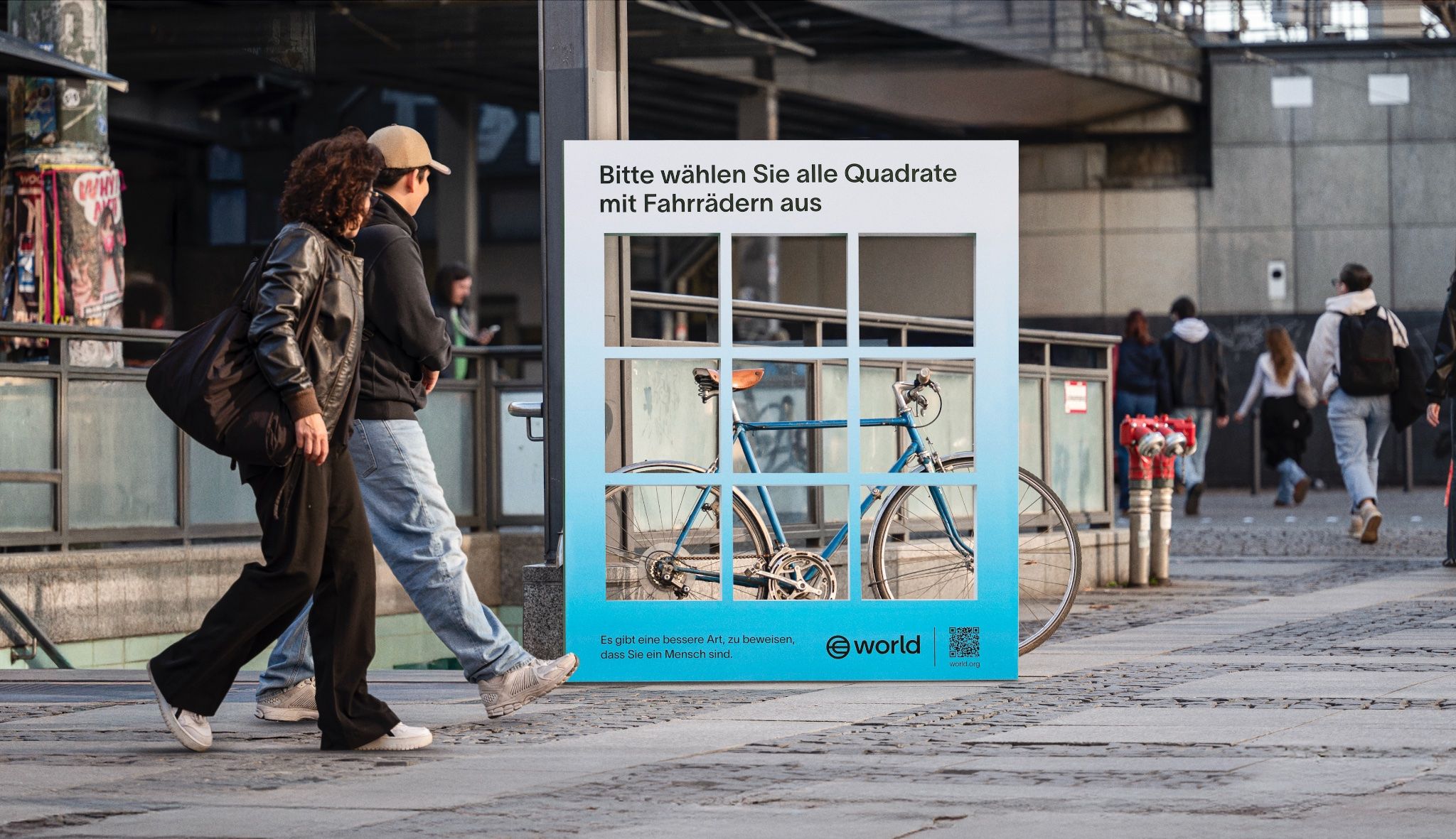 A Real World Captchas installation frames a city street in a grid