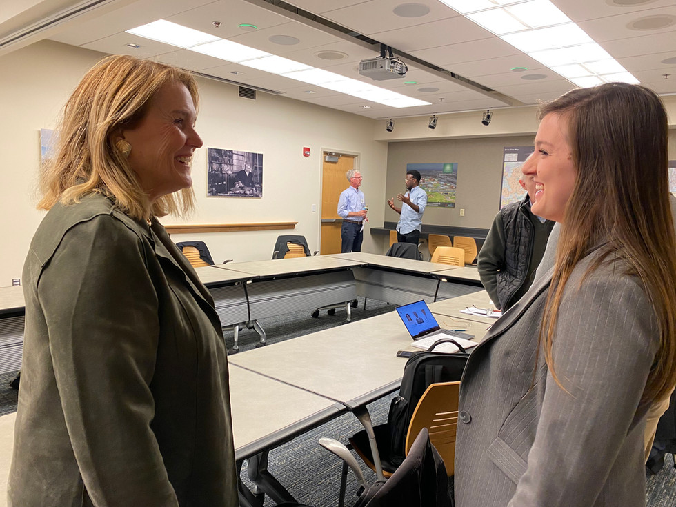 Lexie Demirali and Elizabeth Jaworski speaking at a JumpStart New Jersey Meet the Angels event
