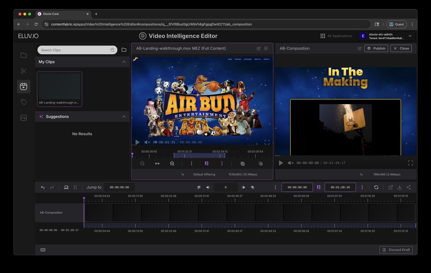 Eluvio Video Intelligence Editor showing clip composition, video previews and timeline controls